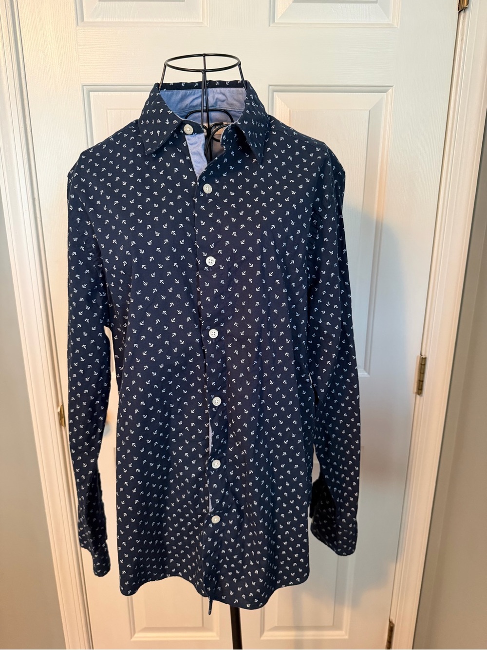 Nautica Navy Button-Down Shirt with White Micro Anchor Print